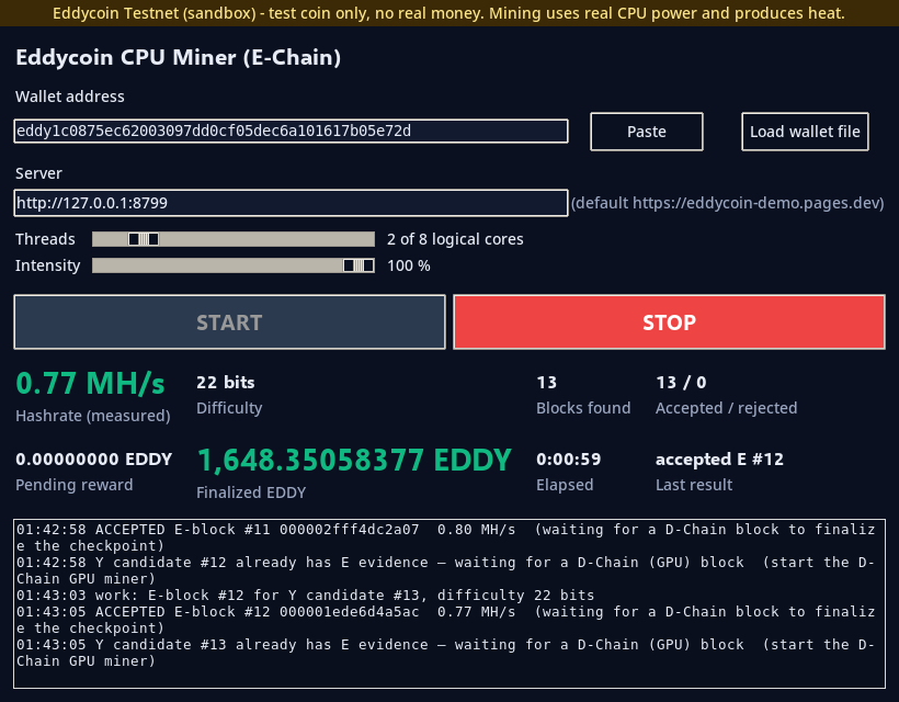 Eddycoin CPU Miner window mining