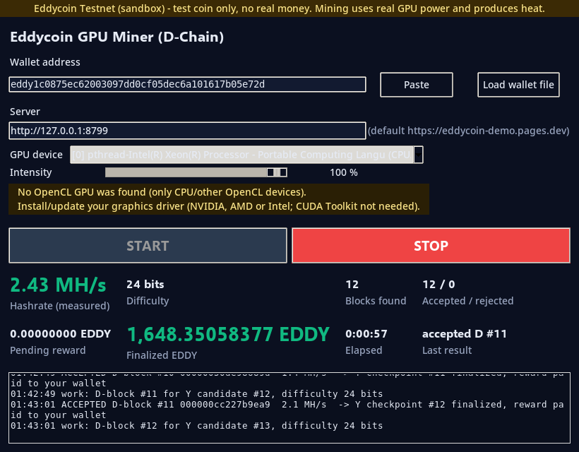 Eddycoin GPU Miner window mining