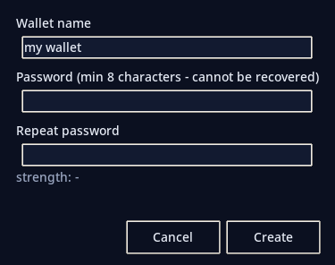 Create new wallet dialog: name, password twice, strength hint