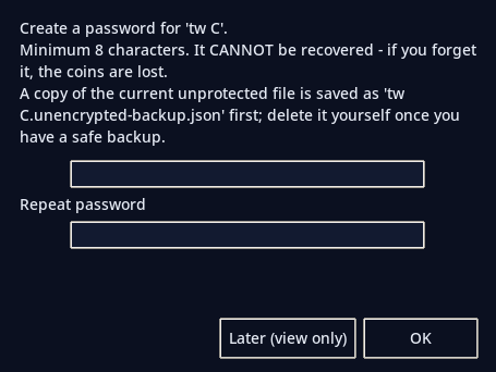 Create password dialog shown when a wallet without password is opened